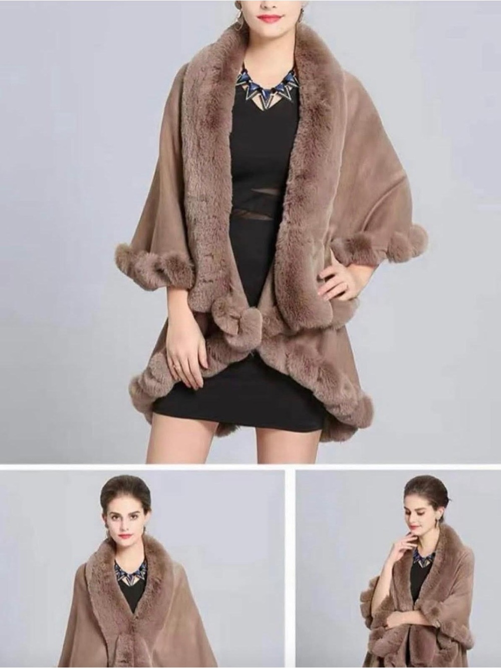 Taupe Faux-Fur Trim Women's Wrap Sweater